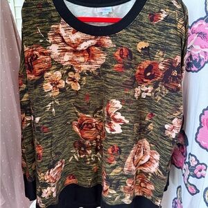LuLaRoe Floral Crew Neck Sweater - Olive and Black